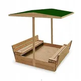 QLS Sandkasten aus Holz mit Sitzbank Dach Sandbox 150x150 cm Sandkiste Imprägniert Grün