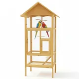 Mucola Vogelvoliere Holz großer Vogelkäfig mit 2 Türen Vogelhaus mit Sitzstangen, Leiter und Kotschublade Außenvoliere 74 x 74 x 194 cm Zuchtkäfig Vogelhaus