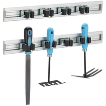 Relaxdays Gerätehalter Wandhalterung, 2er Set, Besenhalter Wand, je 4 Wandklemmen, für Gartengeräte, Aluminium, silber