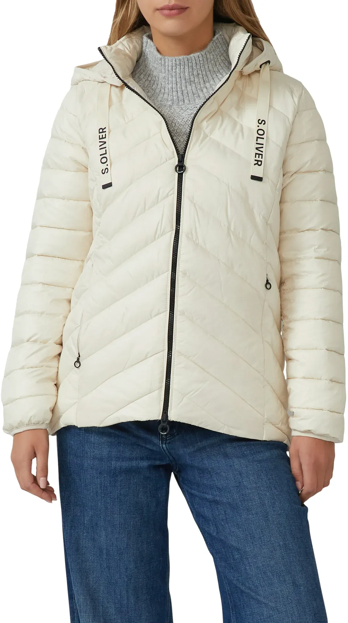 Outdoorjacke S.OLIVER, Damen, Gr. 36, cream, Steppware, Obermaterial: 100% Polyester. Futter: 100% Polyester, unifarben, slim fit normal, elastischer Bund, Jacken Outdoorjacke, mit abnehmbarer Kapuze