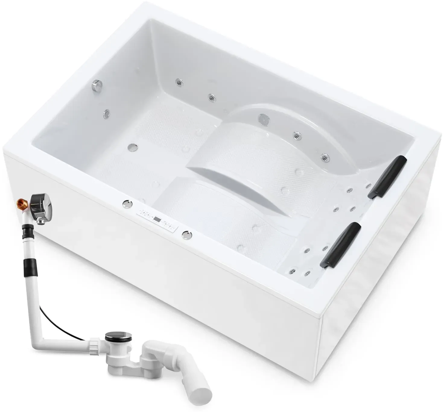 Whirlpoolwanne 180x130 cm mit 16 Düsen für 2 Personen Model: Marburg Classic Ab–Überlauf–Garnitur mit Zulauf