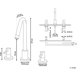 Beliani Beliani, Waschbeckenarmatur 3-Loch-Armatur Wasserhahn 3- Loch Waschtischarmatur Messing Gold