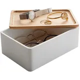 Yamazaki 5167 RIN Accessory Storage Box, white, Polystone/Wood, 18.5 x 12.5 x 7 cm