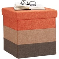 Relaxdays Polster Hocker mit Stauraum, gestreifter Sitzhocker, faltbarer Polsterhocker HBT 38 x 38 x 38 cm, orange-braun