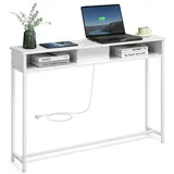VASAGLE Konsolentisch mit Steckdosen, Beistelltisch, platzsparend, 25 x 120 x 81,1 cm, mit 2 Fächern, schmal, schneeweiß weiß