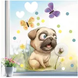 Sunnywall Fensterbild Fensteraufkleber Mops Pusteblume Fensterdeko