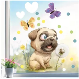Sunnywall Fensterbild Fensteraufkleber Mops Pusteblume Fensterdeko