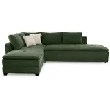 luma-home Federkern Ecksofa Doppelbett Dauerschläfer Bettkasten, Regal Couch in Cord Grün & Couches, Wohnlandschaften, Ecksofas