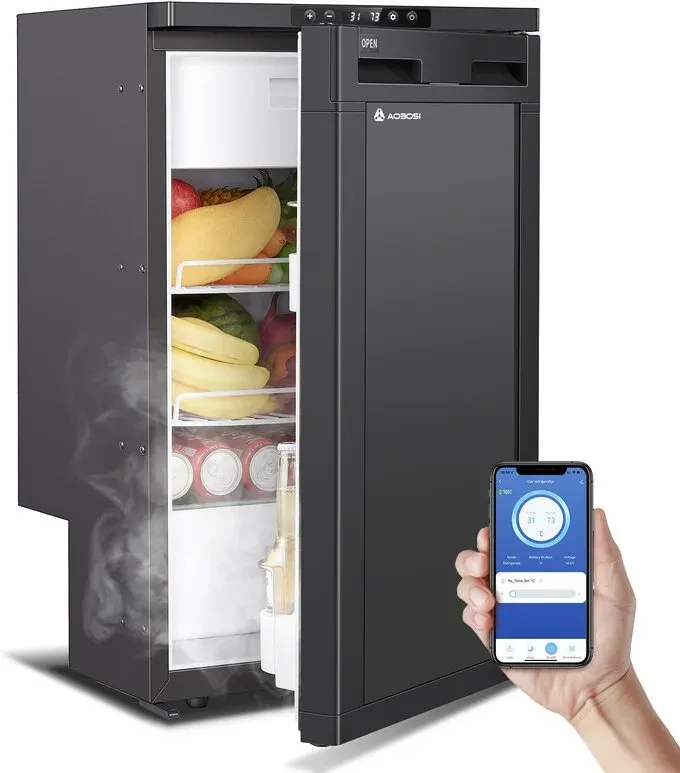 AAOBOSI 83L Kompressor Kühlbox, Wohnmobil Kühlschrank mit App-Steuerung, 12/24V DC & 100–240V, tragbare Auto Kühlbox mit LED-Beleuchtung, -20°C Kompressor Kühlbox für Auto, LKW, Boot & Wohnmobil