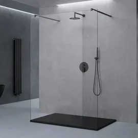 doporro Duschwand Duschtrennwand 150x200 Walk-In Dusche schwarz mit Doppel-stabilisator aus Echtglas 10mm ESG-Sicherheitsglas Klarglas - Transparent
