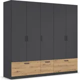 Rauch Kleiderschrank, Schrank Garderobe Wäscheschrank Bari, mit Schubkästen und modernem Griff in Graumetallic, Schwarz/Eiche Artisan, Holz, Griffe grau metallic, 226x210x54cm