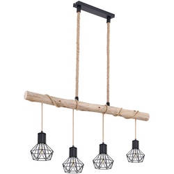Hängelampe Holzbalken natur Pendelleuchte Käfig schwarz Hängeleuchte Holz Landhausstil, schwarz, 4x E27 Fassungen, LxBxH 100x15x120 cm