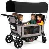 Flieks Bollerwagen faltbar mit Dach, Handwagen mit 5-Punkt-Gurt 4 Sitze, Sitz zu Bett umwandelbar, 8-fach Griffverstellung, 138x126x72 cm, Hellgrau - Hellgrau