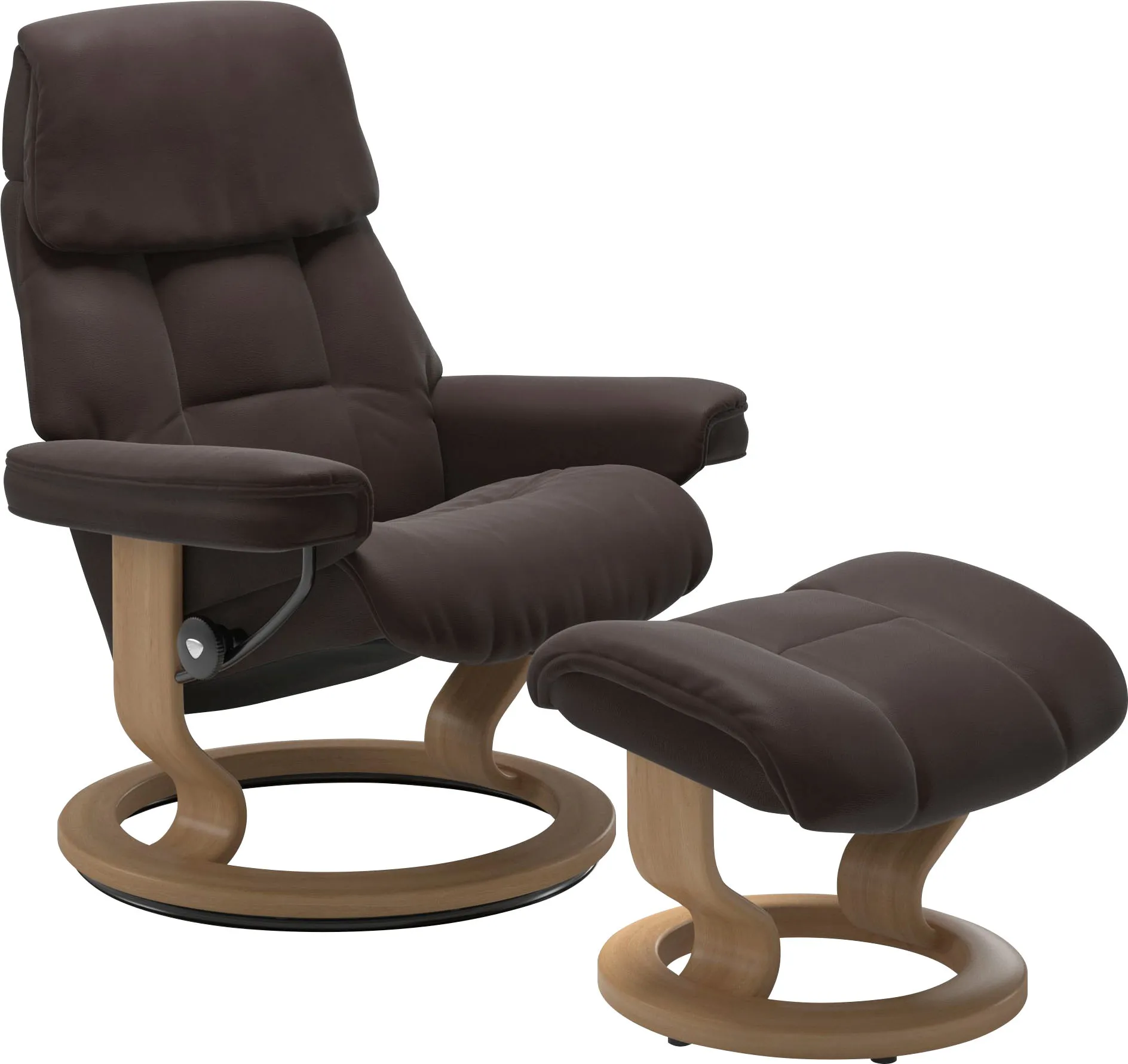 Relaxsessel STRESSLESS "Ruby", braun (chocolate paloma), B:74cm H:97cm T:74cm, Leder PALOMA: Paloma ist ein durchgefärbtes Semianilin-Möbelleder mit natürlicher Narbung. Es wurde mit einer leichten Oberflächenbehandlung versehen, um es beständiger zu machen. Paloma ist weich im Griff und hat eine warme Ausstrahlung. Es ist atmungsaktiv und feuchtigkeitsabsorbierend. Paloma wird besonders von all jenen geschätzt, die das echte Ledergefühl suchen., Leder BATICK: Batick ist ein leicht korrigiertes, durchgefärbtes und genarbtes Möbelleder, bei dem die meisten Unebenheiten und Spuren in der Regel entfernt wurden. Batick wird mitunter doppeltönig gefärbt, um der Oberfläche mehr Lebendigkeit zu verleihen. Dank einer schützenden Oberflächenbehandlung lassen sich die meisten Flecken leicht entfernen. Das macht Batick zur ersten Wahl für Familien mit Kindern und all diejenigen, die ihren Stressless Bequemsessel außerordentlich intensiv nutzen., Sessel, mit Classic Base, Größe S, Gestell Eiche, Wenge, Braun & Schwarz