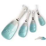 Ceramic Mason Jar Measuring Spoons – Aqua Blue, Decorative Tablespoons that Nest– 4 Rustic Measuring Spoons for Farmhouse Kitchen Décor - 1 Tbsp, 1 Tsp, 1⁄2 Tsp and 1⁄4 Tsp with Vintage Ribbon