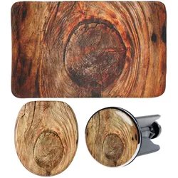 Badaccessoire-Set SANILO "Rustikal", braun, Holz, Badaccessoires-Sets, bestehend aus WC-Sitz, Badteppich und Waschbeckenstöpsel