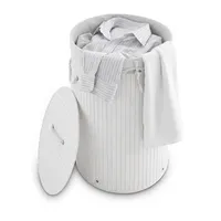 Relaxdays Wäschekorb Bambus, faltbare Wäschetonne mit Deckel, Volumen 70 l, Wäschesack Baumwolle, rund weiß