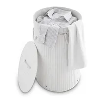 Relaxdays Wäschekorb Bambus, faltbare Wäschetonne mit Deckel, Volumen 70 l, Wäschesack Baumwolle, rund weiß