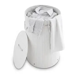 Relaxdays Wäschekorb Bambus, faltbare Wäschetonne mit Deckel, Volumen 70 l, Wäschesack Baumwolle, rund weiß