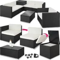 tectake Polyrattan Sitzgruppe mit Aufbewahrungsbox für Polster, Tisch mit Glasplatte, frei zu gruppierendes Gartenmöbel Set, Rattan Lounge für den Garten – Balkonmöbel, Balkonmöbel Kleiner Balkon