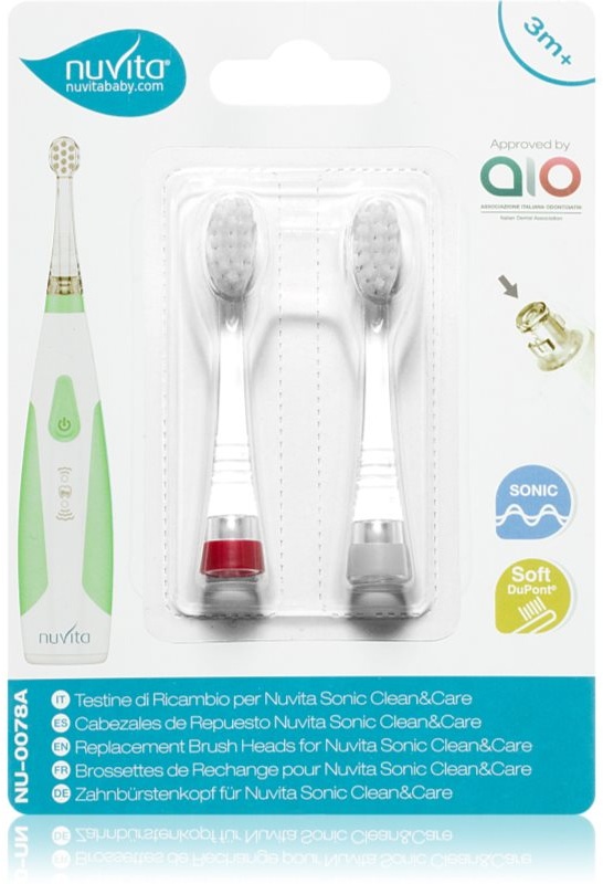 Nuvita Sonic Clean&Care Replacement Brush Heads Ersatzkopf für batteriebetriebene Schallzahnbürste für Babys Sonic Clean&Care Medium Red/White 2 St.