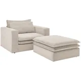 furn.design Loveseat Sessel Set in beige Cord Couch Loungesessel inklusive Hocker Pesaro