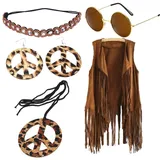 Hippie Kostüm Damen Set Fransen ärmellos Weste Hippie Kleidung Damen 60er 70er Jahre Bekleidung Braun Fransenweste Hippie Accessoires Brille Kette Haarband Ohrringe Für Damen Mädchen Disco Outfit,XL
