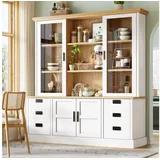 Flieks Küchenbuffet Glasvitrine Hochschrank mit 2 Glastüren und 6 Schubladen (1-St., B140/T40/H185 cm) Mehrzweckschrank Multifunktionsschrank Bücherregal Weiß & Natur weiß