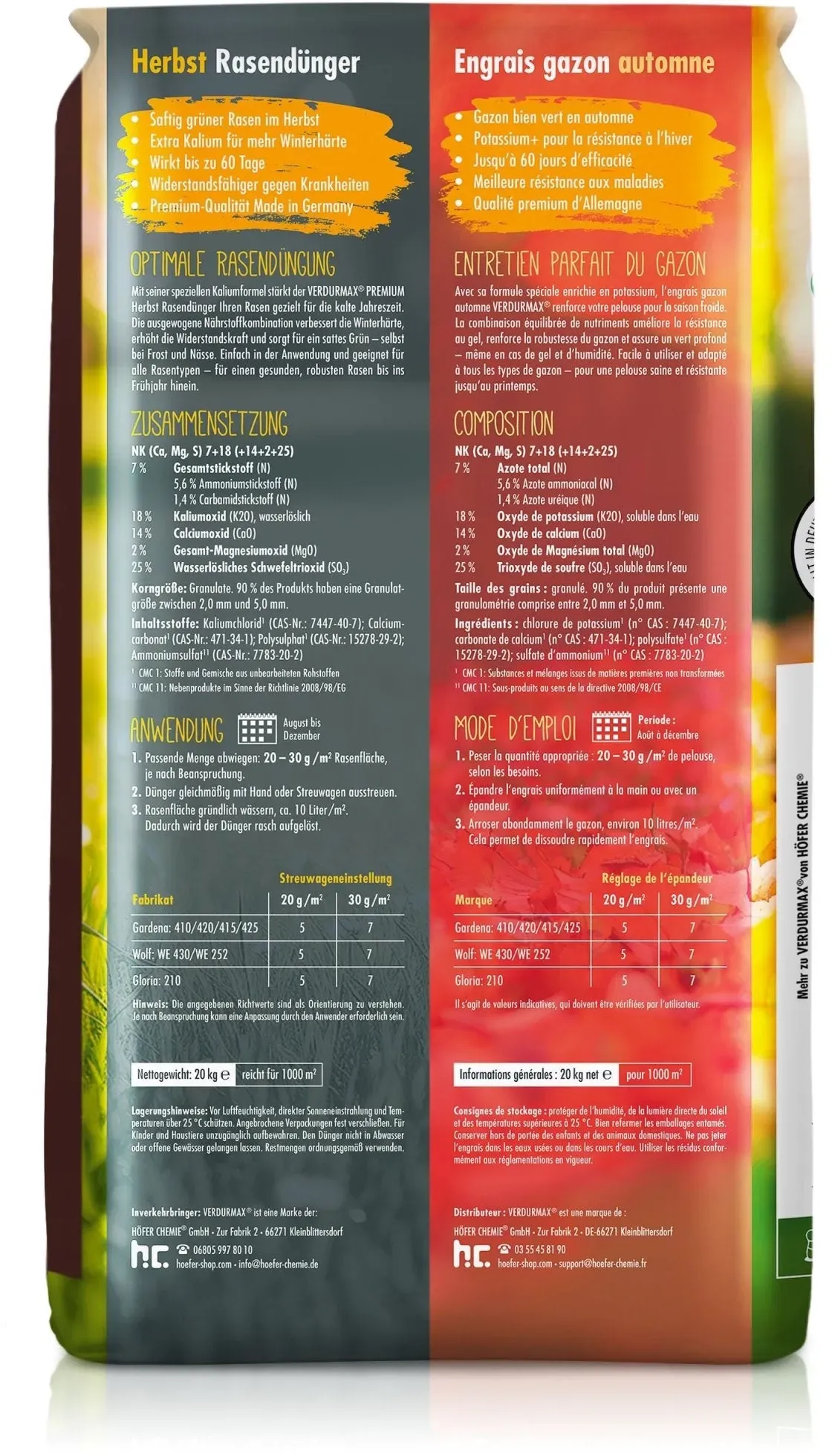 1x 20 kg Engrais Gazon Automne Premium VERDURMAX®