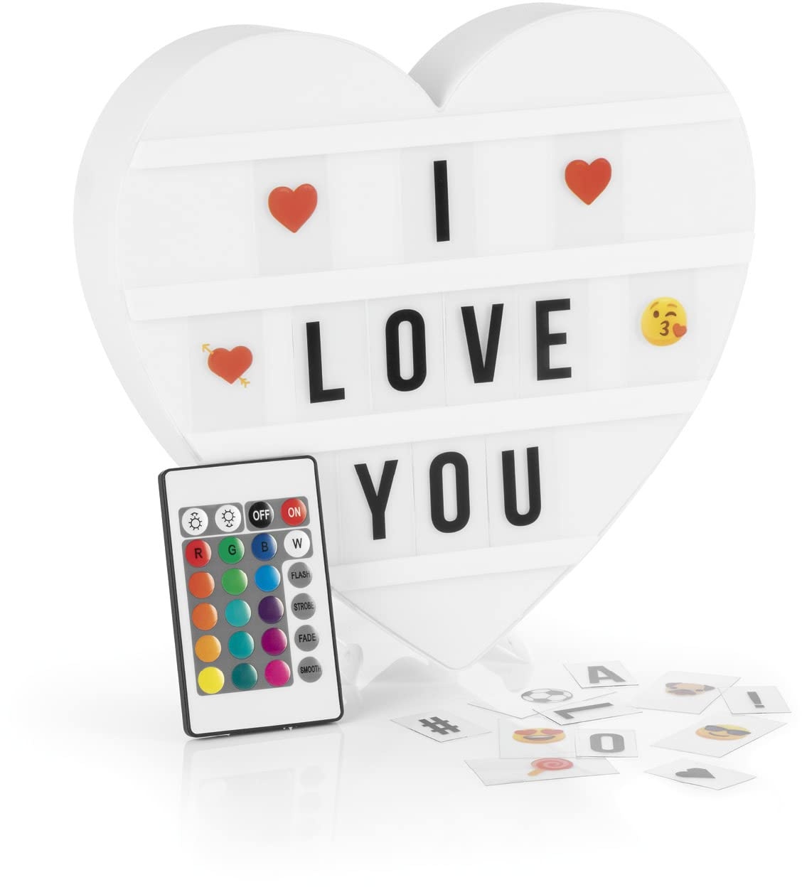 EASYmaxx LED-Leuchtkasten Light Box - Für individuelle Textbotschaften | Mega-Set mit 150 bunten Emojis und 173 austauschbaren Buchstaben, Zahlen und Symbolen [Herz]