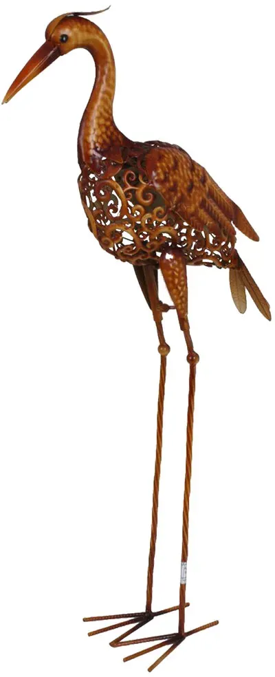 Gartenfigur Stehfigur Kranich Gartendeko Beet Dekoration Terrasse Vogelfigur, Metall hellbraun, LxBxH 34x15,5x76 cm