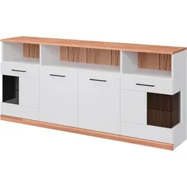 Home Affaire Sideboard HOME AFFAIRE "RIBE20 Fronten massiv,Korpus Melamin, 2 Türen mit Glaseinsatz", weiß (weiß, kernbuche), B:180cm H:80cm T:35cm, FSC-zertifizierter Holzwerkstoff, Massivholz, Sideboards, Sideboard, Oberplatte Massivholz,schwarze Metall Griffe,2