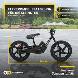 Actionbikes Motors Elektro-Laufrad, 16 Zoll Kinder-Balance-Bike m. 250 Watt, Scheibenbremsen 3 Geschwindigkeitsstufen (Blau)
