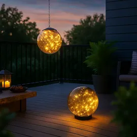 GLOBO 2er Set LED Solar Kugel Deko Lampen Außen Steh Strahler Garten Balkon Hänge Leuchte rauch
