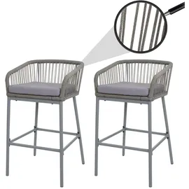 Mendler 2er-Set Rope-Barhocker HWC-O22, Tresenhocker, Outdoor Sitzpolster Seilgeflecht Metall ~ hellgrau, Kissen hellgrau