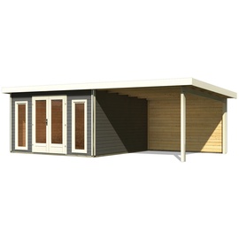 Karibu Gartenhaus Radeburg 3 inkl. 3,30m Schleppdach und Rückwand - 40mm-369 x 369 cm- terragrau mit Anbaudach 3,3 m (B x T)
