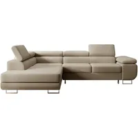 Selsey Stevil - L-Sofa mit Schlaffunktion, Bettkasten, Ottomane links, Veloursbezug Beige