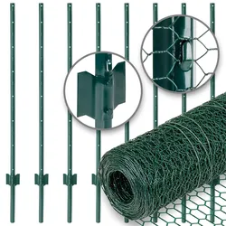 VOSS.farming Gartenzaun-SET: Sechseckgeflecht 10mx100cm, grün + 8x Metall Zaunpfosten