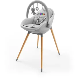 Kinderkraft FINI UP Hochstuhl 3 in 1, Baby Hochstuhl mit Wippe, mitwachsend bis 20 kg, verstellbares Tablett, 5-Punkt-Gurt, Neugeborenen-Einlage, Holzbeine, Grau