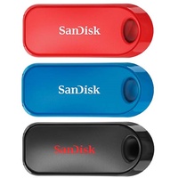 SanDisk Cruzer Snap USB 2.0 Flash-Laufwerk 32 GB 3er-Pack (Schlüsselanhänger-Ring, USB 2.0, wichtige persönliche Dateien, Musik und Videos sichern, kompaktes Design) Schwarz/Blau/Rot