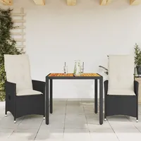 vidaXL 3-tlg. Bistro-Set mit Kissen Schwarz Poly Rattan und Akazie
