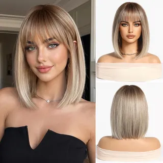 Esmee Kurze Gerade Blonde Bob Perücken mit Fransen Schulter Länge Perücke Synthetische Ombre Perücken für Cosplay Täglich & Party Verwendung