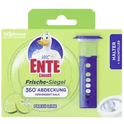 WC-Ente Frische Siegel, Fresh Lime, 360° Abdeckung, Set, Verhindert Kalk, Urinstein und Keimbildung und hinterlässt einen frischen Duft, Set= 1 Halter, 6 Siegel