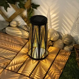 ETC Shop Solarlampe Tisch aussen Solarlicht Tisch für Außen Solar Laterne Balkon schwarz, Säule mit Lichteffekt, goldenes Innere,1x LED warmweiß, H 24,5 cm