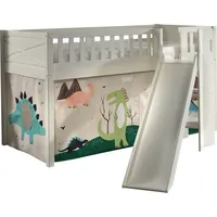 Vipack Hochbett Scott, Spielbett, Kiefer massiv weiß lackiert, mit Rolllattenrost (B/H/T ca. 207,6x114x203,7cm, Kopf-/Fußteil mit Fräsung, stabil gebaut) mit Rutsch-/Leiterturm, LF 90x200 cm, inkl. Vorhang, 7 Designs weiß