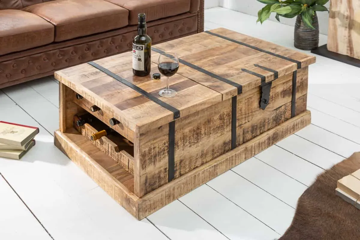 Massivholz Couchtisch BODEGA 100cm Mangoholz Hausbar Truhe mit Stauraum