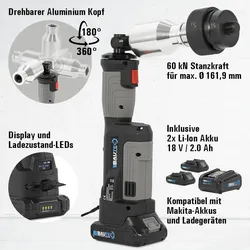 BAUTEC Akku-Lochstanze hydraulisch » 60 kN » Löcher bis Ø 161,9 mm » 2 Akkus inklusive » Kofferset » Stanzwerkzeug