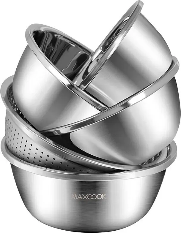 Maxcook Salatschüssel 304 Edelstahl Fünfteiliges Becken- und Siebset Vergrößern und Andicken Gemüsebecken Salatbecken Gewürzbeckenset 30cm MCWA797