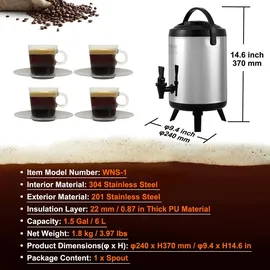 Vevor Heiß- und Kaltgetränkespender Getränkespender 6 L, Edelstahl Heiß- und Kaltwasserbrunnen Großer Getränkespender mit Zapfen für Kaffee, Kalte Milch, Wasser, Saft usw. Isolierkanne 1-2 Personen