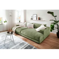 KAWOLA Big Sofa MADELINE mit Holztablett natur für Armlehne Cord olivgrün